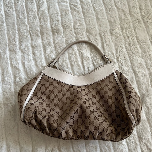 GUCCI Vintage Gg Logo Monogram Handbag Beige White Silver Canvas Leather - Picture 3 of 8